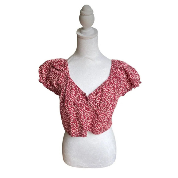 Princess Polly Tops - Princess Polly Red Floral‎ Laura Crop Top Button Up Puff Sleeve Shirt